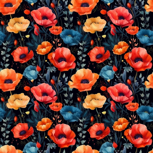 coral poppies, orange flowers, blue poppies, navy background, floral pattern, botanical design, watercolor style,, fabric panel, poppy field, red blooms, peach flowers, dark foliage, repeating motif, artistic florals, nature inspired, vibrant colors, seamless pattern, flower heads, garden theme