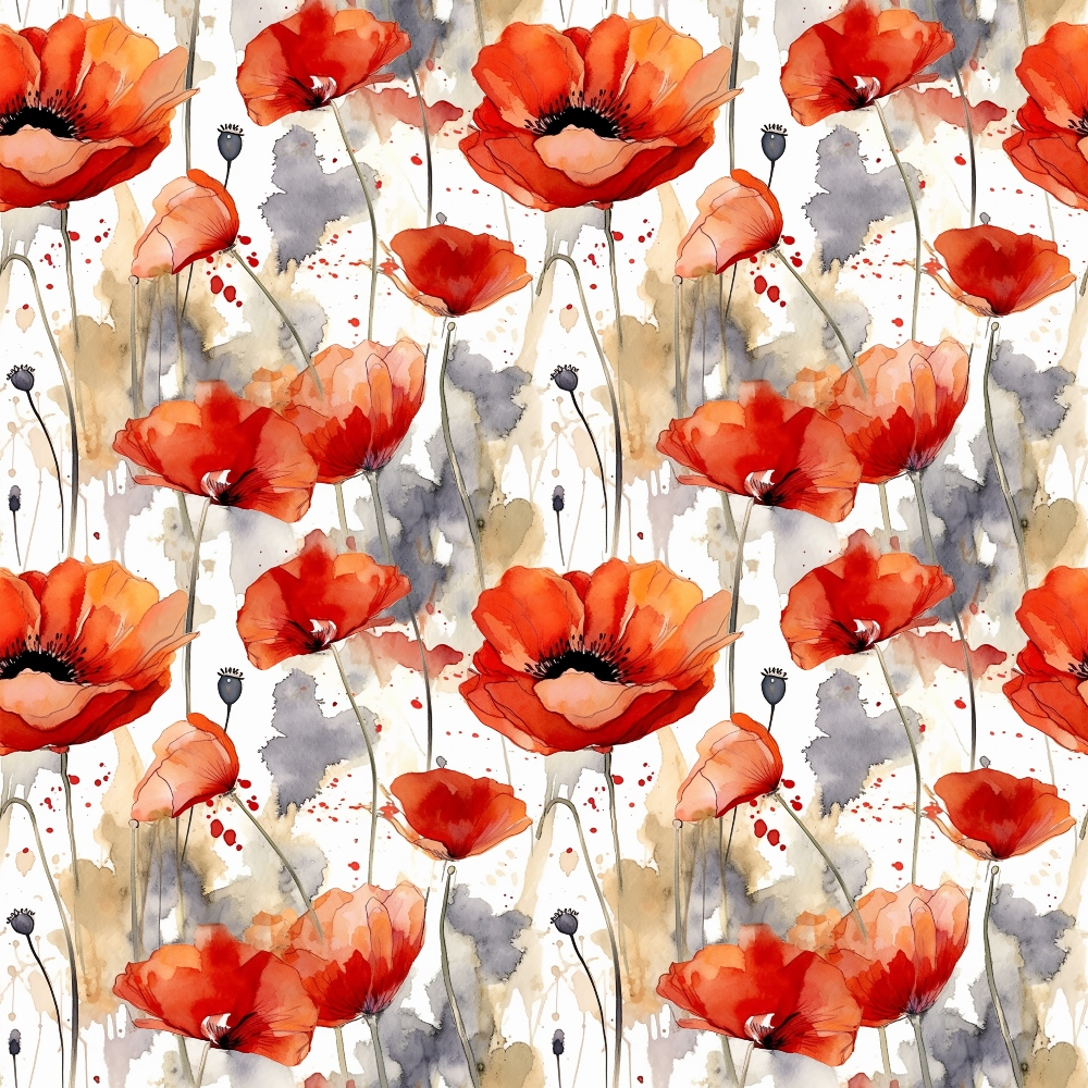 red poppies, watercolor style, floral pattern, orange blooms, coral petals, gray watercolor washes, botanical design, flower stems, poppy buds, artistic splatters,, fabric panel, nature motif, spring flowers, painterly effect, flowing design, organic shapes, garden flowers, soft textures, repeating pattern