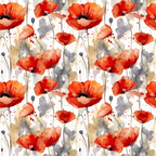 red poppies, watercolor style, floral pattern, orange blooms, coral petals, gray watercolor washes, botanical design, flower stems, poppy buds, artistic splatters,, fabric panel, nature motif, spring flowers, painterly effect, flowing design, organic shapes, garden flowers, soft textures, repeating pattern