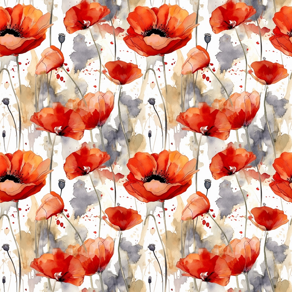 red poppies, watercolor style, floral pattern, orange blooms, coral petals, gray watercolor washes, botanical design, flower stems, poppy buds, artistic splatters,, fabric panel, nature motif, spring flowers, painterly effect, flowing design, organic shapes, garden flowers, soft textures, repeating pattern