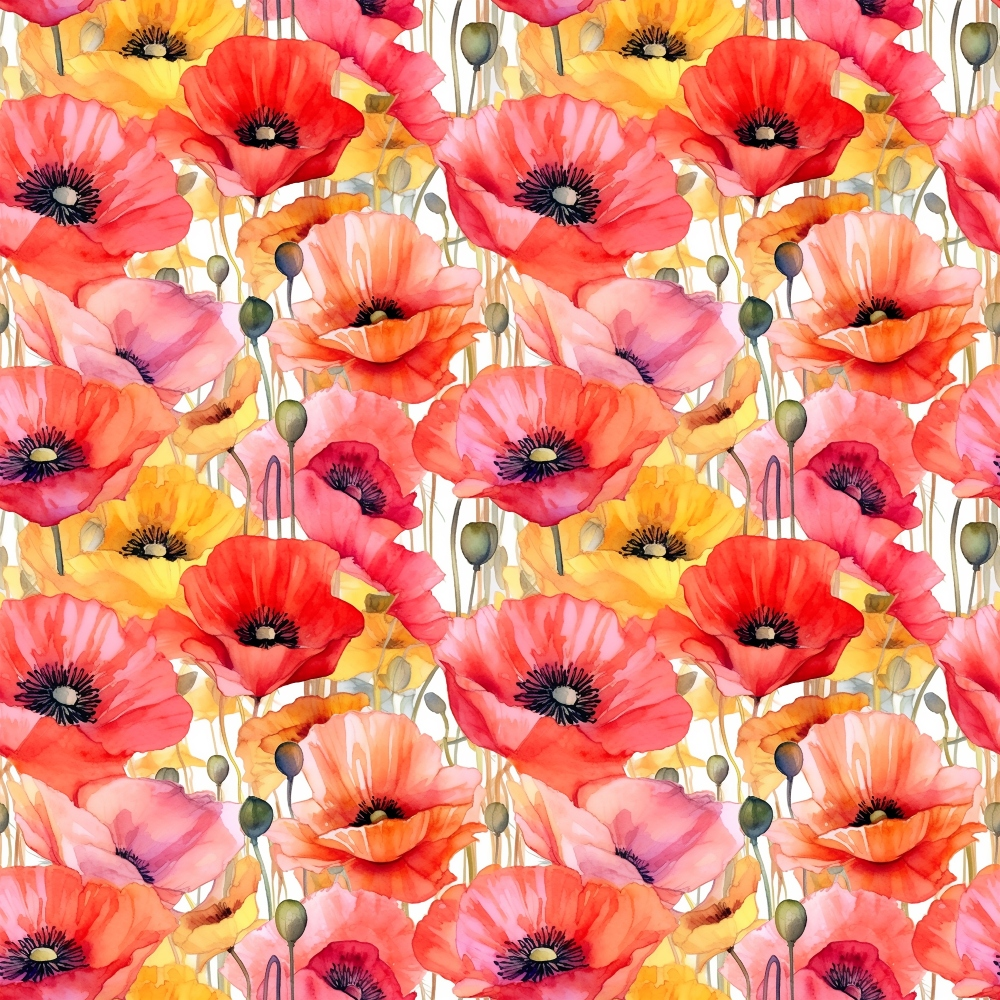 poppies, floral pattern, red flowers, pink blooms, orange petals, yellow flowers, coral tones, watercolor style, botanical design, seamless repeat,, fabric panel, spring flowers, garden blooms, delicate petals, flower buds, stems, nature motif, artistic florals, vibrant colors