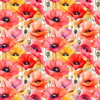 poppies, floral pattern, red flowers, pink blooms, orange petals, yellow flowers, coral tones, watercolor style, botanical design, seamless repeat,, fabric panel, spring flowers, garden blooms, delicate petals, flower buds, stems, nature motif, artistic florals, vibrant colors