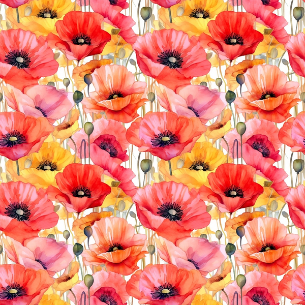 poppies, floral pattern, red flowers, pink blooms, orange petals, yellow flowers, coral tones, watercolor style, botanical design, seamless repeat,, fabric panel, spring flowers, garden blooms, delicate petals, flower buds, stems, nature motif, artistic florals, vibrant colors
