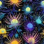 firework pattern,, fabric panel, black background, neon colors, purple blooms, yellow centers, turquoise petals, pink accents, starburst design, floral motifs, cosmic garden, vibrant botanical, night sky theme, electric colors, radiating petals, abstract flowers, celebration pattern, luminous design, festive florals