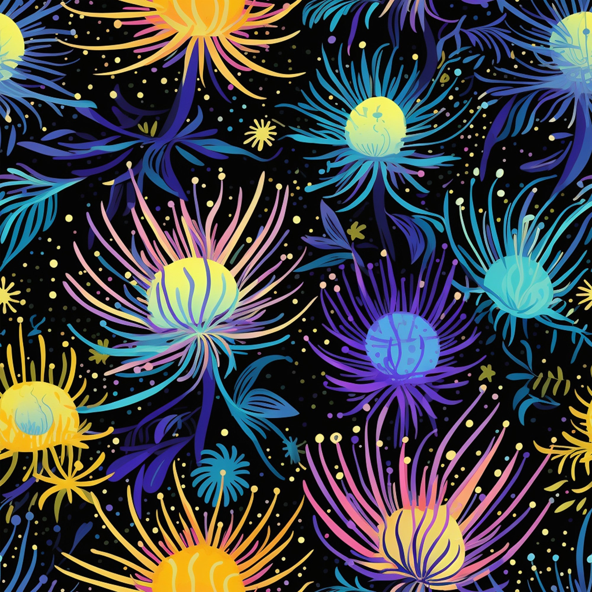 firework pattern,, fabric panel, black background, neon colors, purple blooms, yellow centers, turquoise petals, pink accents, starburst design, floral motifs, cosmic garden, vibrant botanical, night sky theme, electric colors, radiating petals, abstract flowers, celebration pattern, luminous design, festive florals