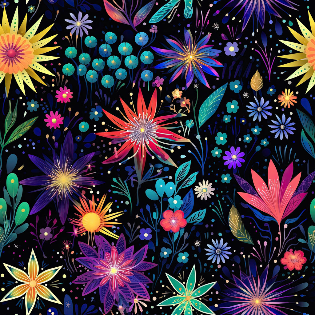 firework garden,, fabric panel, floral burst, starburst flowers, black background, vibrant colors, pink petals, blue blooms, yellow sunburst, purple florals, teal accents, coral flowers, botanical design, cosmic garden, night sky, sparkle effects, whimsical flowers, modern floral, bright contrast