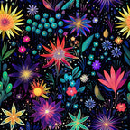 firework garden,, fabric panel, floral burst, starburst flowers, black background, vibrant colors, pink petals, blue blooms, yellow sunburst, purple florals, teal accents, coral flowers, botanical design, cosmic garden, night sky, sparkle effects, whimsical flowers, modern floral, bright contrast