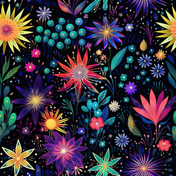 firework garden,, fabric panel, floral burst, starburst flowers, black background, vibrant colors, pink petals, blue blooms, yellow sunburst, purple florals, teal accents, coral flowers, botanical design, cosmic garden, night sky, sparkle effects, whimsical flowers, modern floral, bright contrast
