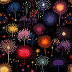 fireworks pattern, night sky, black background, vibrant colors, pink fireworks, blue fireworks, orange fireworks, yellow fireworks, purple fireworks, white fireworks, red fireworks, starburst design, celebration theme, festive pattern,, fabric panel, botanical elements, flowering plants, colorful blooms, party atmosphere, bright explosions, radial patterns