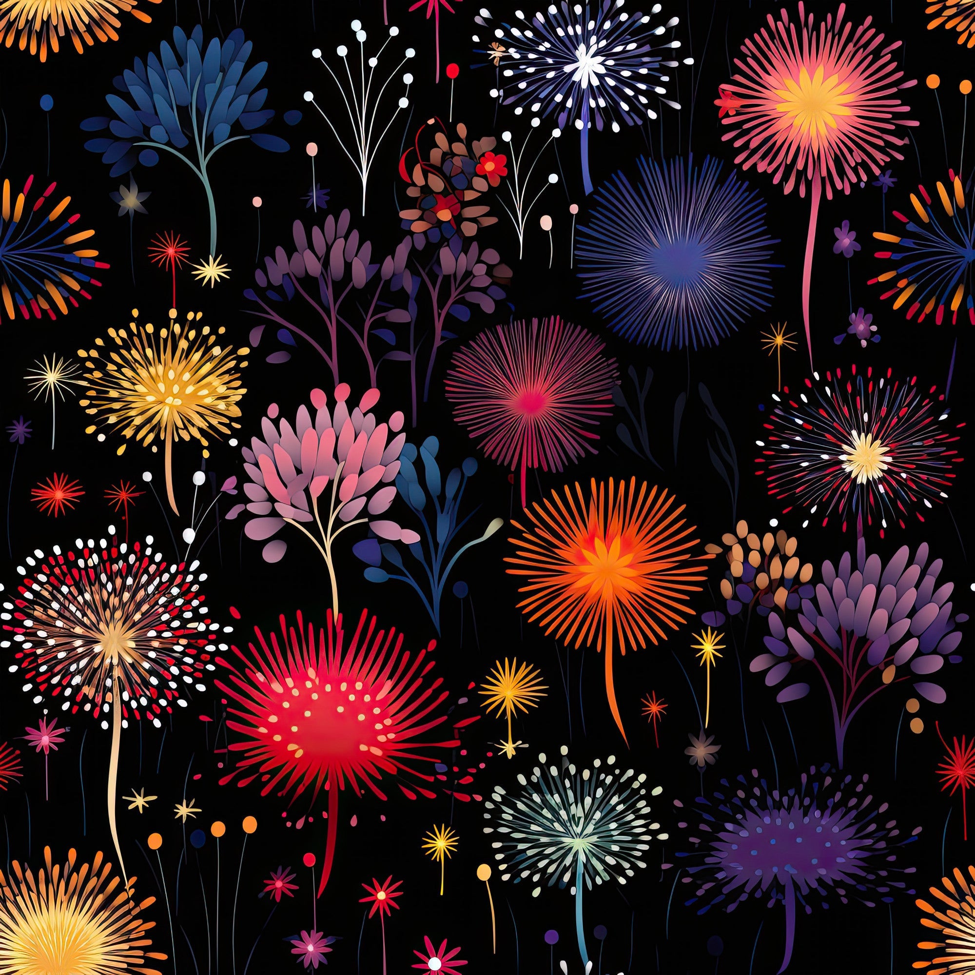 fireworks pattern, night sky, black background, vibrant colors, pink fireworks, blue fireworks, orange fireworks, yellow fireworks, purple fireworks, white fireworks, red fireworks, starburst design, celebration theme, festive pattern,, fabric panel, botanical elements, flowering plants, colorful blooms, party atmosphere, bright explosions, radial patterns