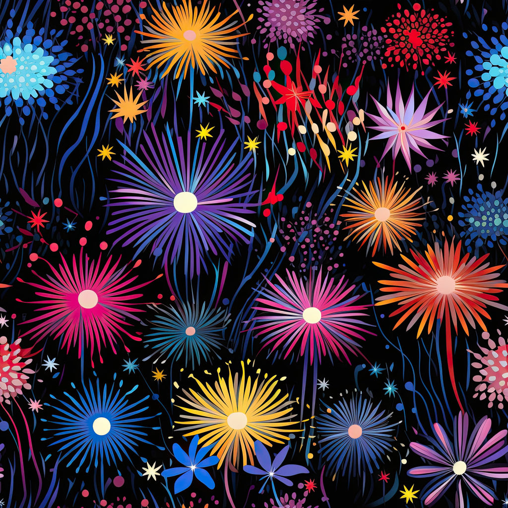firework pattern,, fabric panel, black background, colorful bursts, pink fireworks, blue fireworks, orange fireworks, purple fireworks, yellow fireworks, celebration theme, festive design, radial patterns, starburst motifs, night sky, sparkles, decorative dots, vibrant colors, patriotic style, summer theme