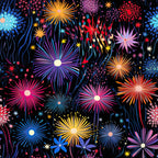 firework pattern,, fabric panel, black background, colorful bursts, pink fireworks, blue fireworks, orange fireworks, purple fireworks, yellow fireworks, celebration theme, festive design, radial patterns, starburst motifs, night sky, sparkles, decorative dots, vibrant colors, patriotic style, summer theme