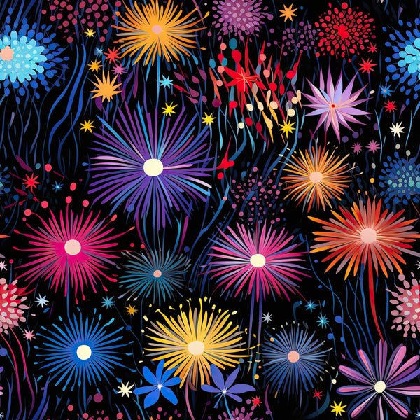 firework pattern,, fabric panel, black background, colorful bursts, pink fireworks, blue fireworks, orange fireworks, purple fireworks, yellow fireworks, celebration theme, festive design, radial patterns, starburst motifs, night sky, sparkles, decorative dots, vibrant colors, patriotic style, summer theme