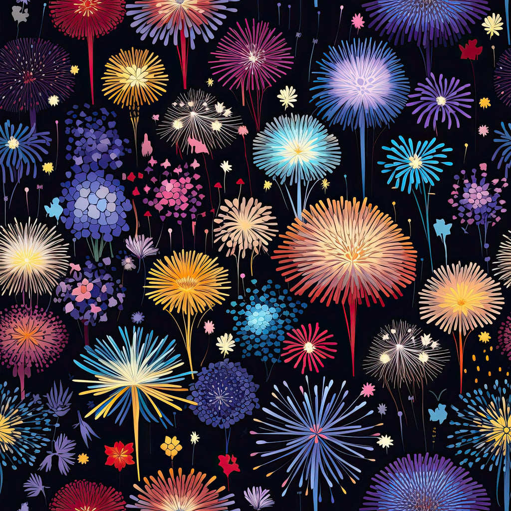 fireworks, night sky, celebration, burst patterns, radiating designs, purple, blue, orange, pink, yellow, red, sparkling effects, festive, fourth of july, new year, patriotic,, fabric panel, starburst, explosive patterns, colorful display, dark background