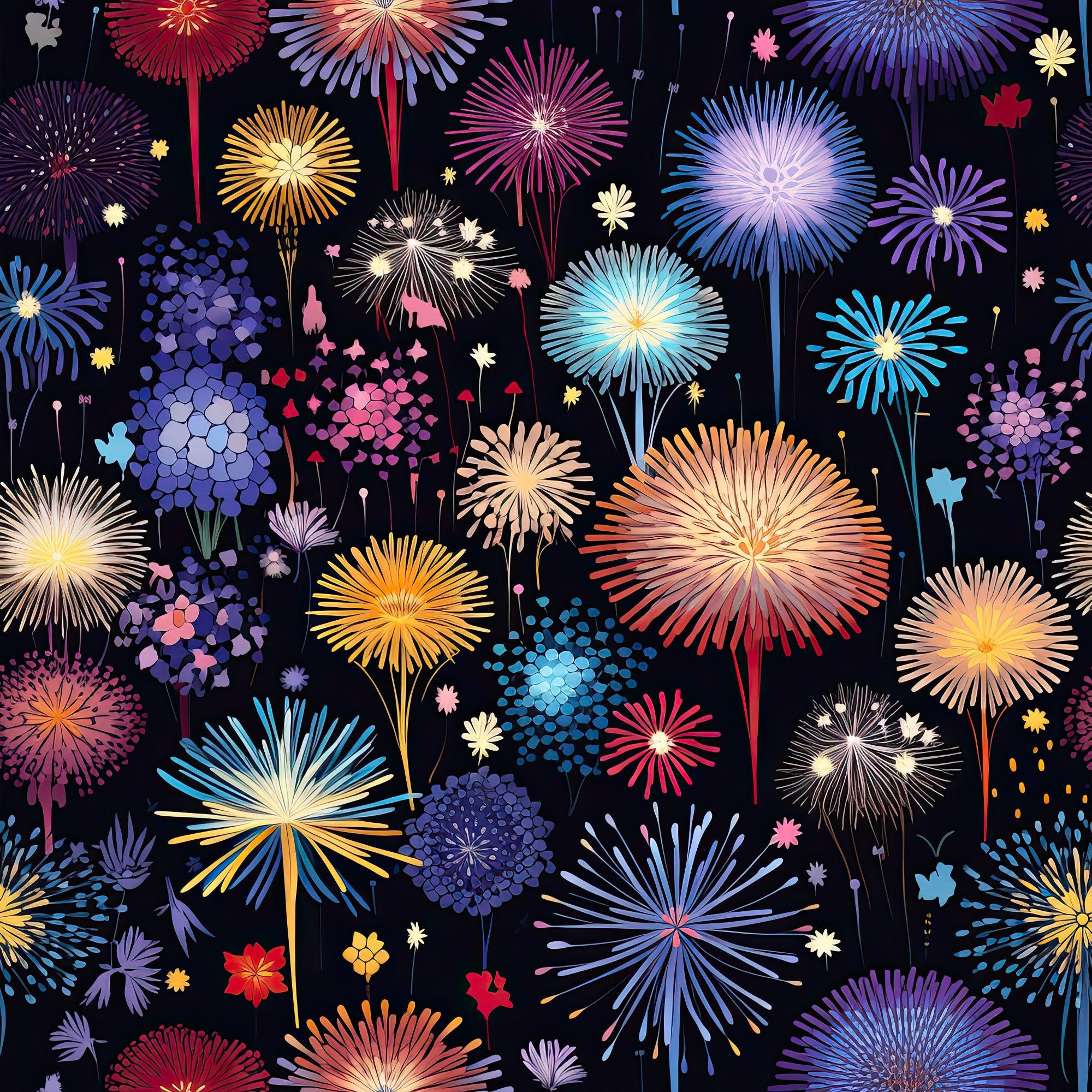 fireworks, night sky, celebration, burst patterns, radiating designs, purple, blue, orange, pink, yellow, red, sparkling effects, festive, fourth of july, new year, patriotic,, fabric panel, starburst, explosive patterns, colorful display, dark background