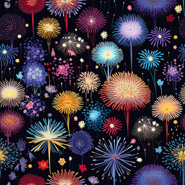 fireworks, night sky, celebration, burst patterns, radiating designs, purple, blue, orange, pink, yellow, red, sparkling effects, festive, fourth of july, new year, patriotic,, fabric panel, starburst, explosive patterns, colorful display, dark background