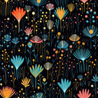 firework garden,, fabric panel, floral bursts, black background, coral flowers, turquoise blooms, orange petals, yellow accents, blue florals, pink blossoms, geometric flowers, radiating petals, botanical pattern, whimsical design, modern floral, scattered blooms, fan-shaped flowers, decorative stems, vibrant colors