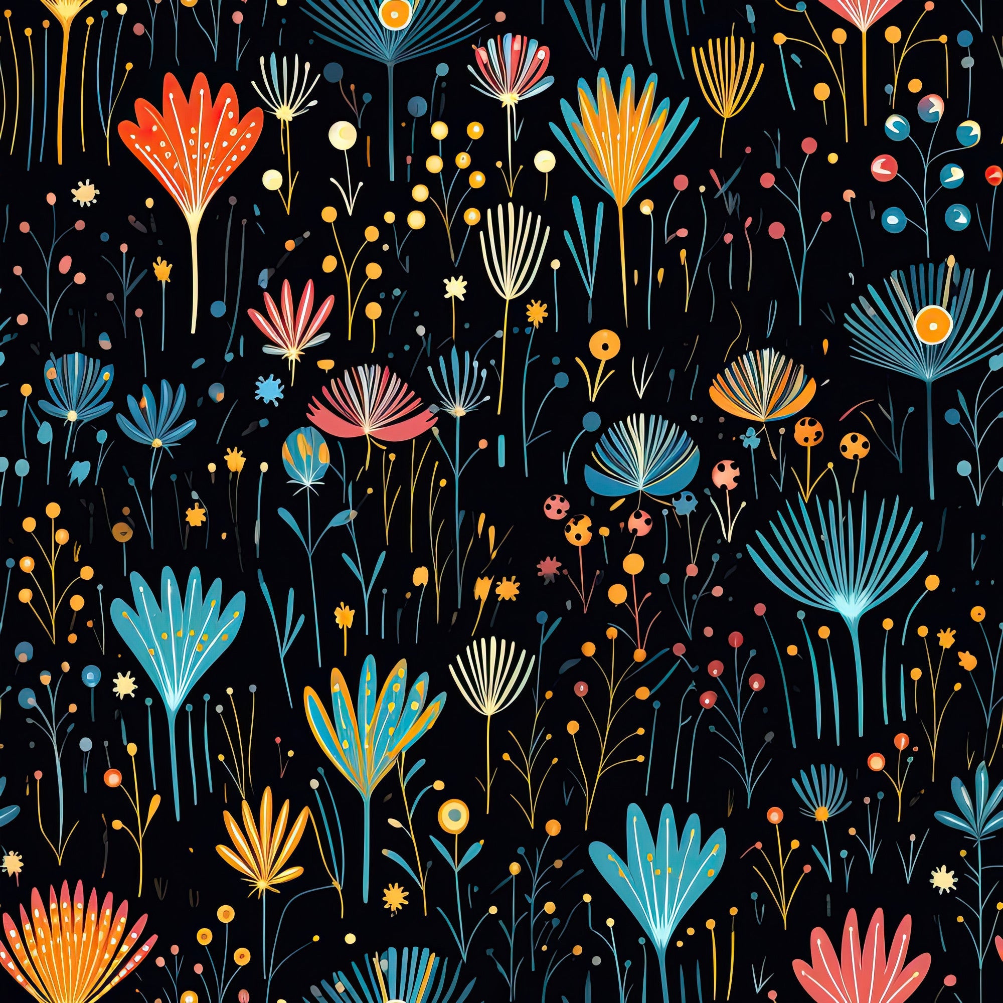 firework garden,, fabric panel, floral bursts, black background, coral flowers, turquoise blooms, orange petals, yellow accents, blue florals, pink blossoms, geometric flowers, radiating petals, botanical pattern, whimsical design, modern floral, scattered blooms, fan-shaped flowers, decorative stems, vibrant colors