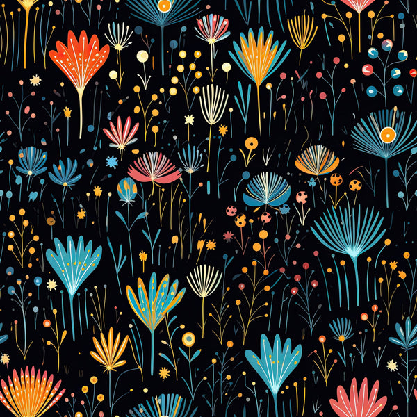 firework garden,, fabric panel, floral bursts, black background, coral flowers, turquoise blooms, orange petals, yellow accents, blue florals, pink blossoms, geometric flowers, radiating petals, botanical pattern, whimsical design, modern floral, scattered blooms, fan-shaped flowers, decorative stems, vibrant colors