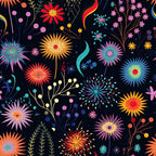 firework pattern, garden florals,, fabric panel, bright colors, pink flowers, orange blooms, blue accents, yellow bursts, purple petals, teal elements, red centers, black background, radiating designs, starburst motifs, botanical elements, vibrant floral, celebration theme, modern artistic, cotton fabric