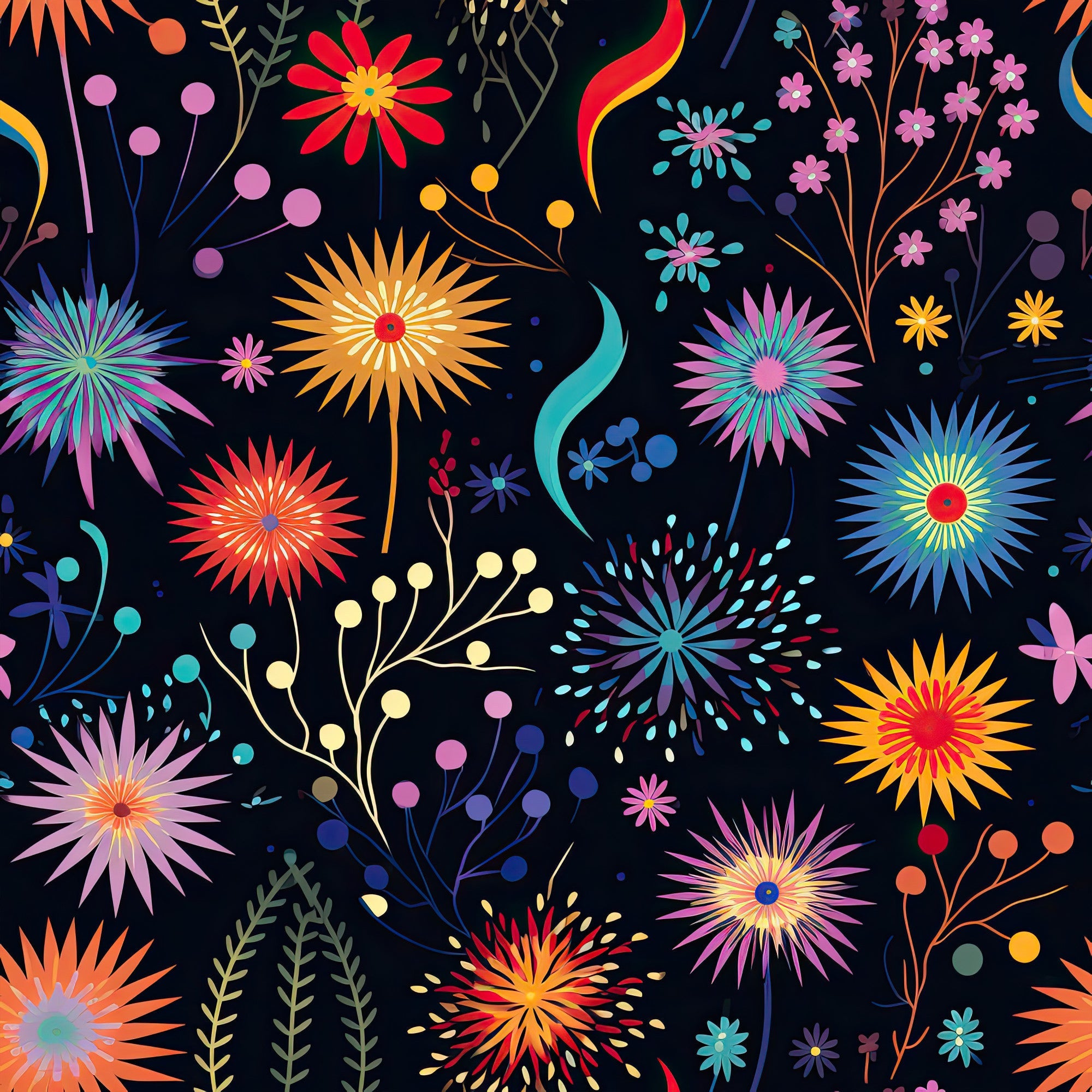 firework pattern, garden florals,, fabric panel, bright colors, pink flowers, orange blooms, blue accents, yellow bursts, purple petals, teal elements, red centers, black background, radiating designs, starburst motifs, botanical elements, vibrant floral, celebration theme, modern artistic, cotton fabric