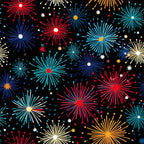 fireworks, bursts, explosions, red, blue, turquoise, yellow, orange, white, black background, radiating lines, celebration, festive, patriotic, starburst, sparks, night sky,, fabric panel, geometric bursts, colorful display, party theme, fourth of july
