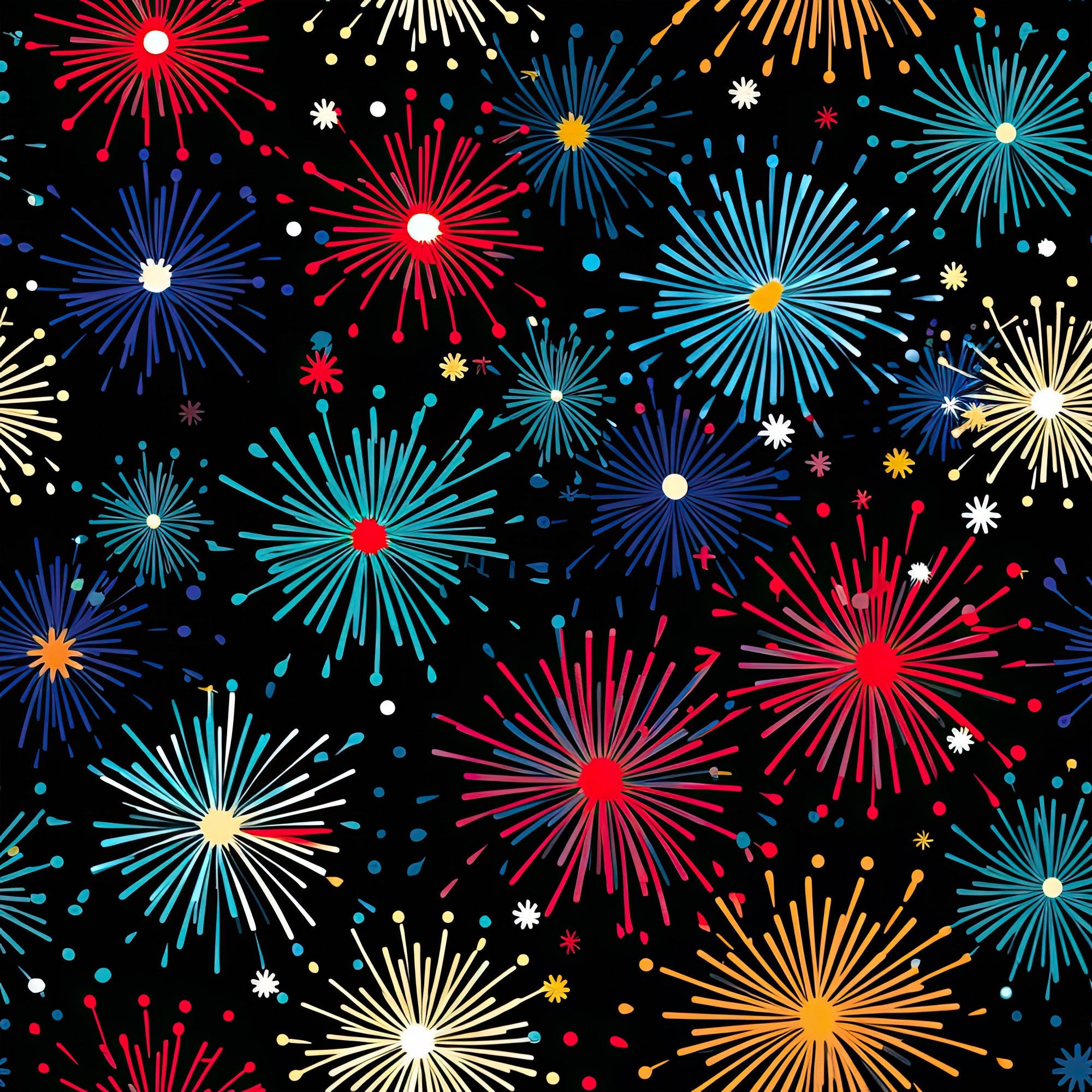 fireworks, red, blue, white, yellow, orange, turquoise, black background, starburst pattern, celebration, radial design, sparkles, explosive bursts, patriotic colors, festive, night sky,, fabric panel, geometric radiating lines, colorful sparks
