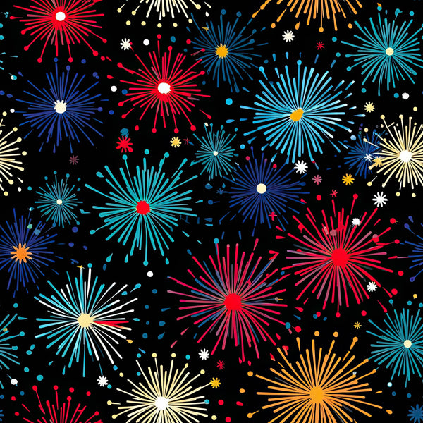 fireworks, red, blue, white, yellow, orange, turquoise, black background, starburst pattern, celebration, radial design, sparkles, explosive bursts, patriotic colors, festive, night sky,, fabric panel, geometric radiating lines, colorful sparks