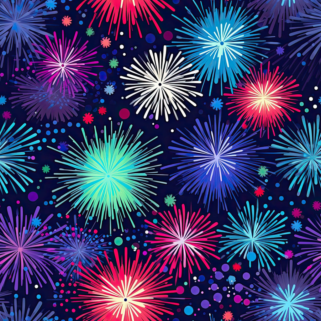 fireworks, navy blue background, pink fireworks, blue fireworks, purple fireworks, white fireworks, turquoise fireworks, magenta fireworks, starburst pattern, celebration theme, night sky, sparkles, dots,, fabric panel, festive design, radial bursts, colorful explosions, party theme, bright colors
