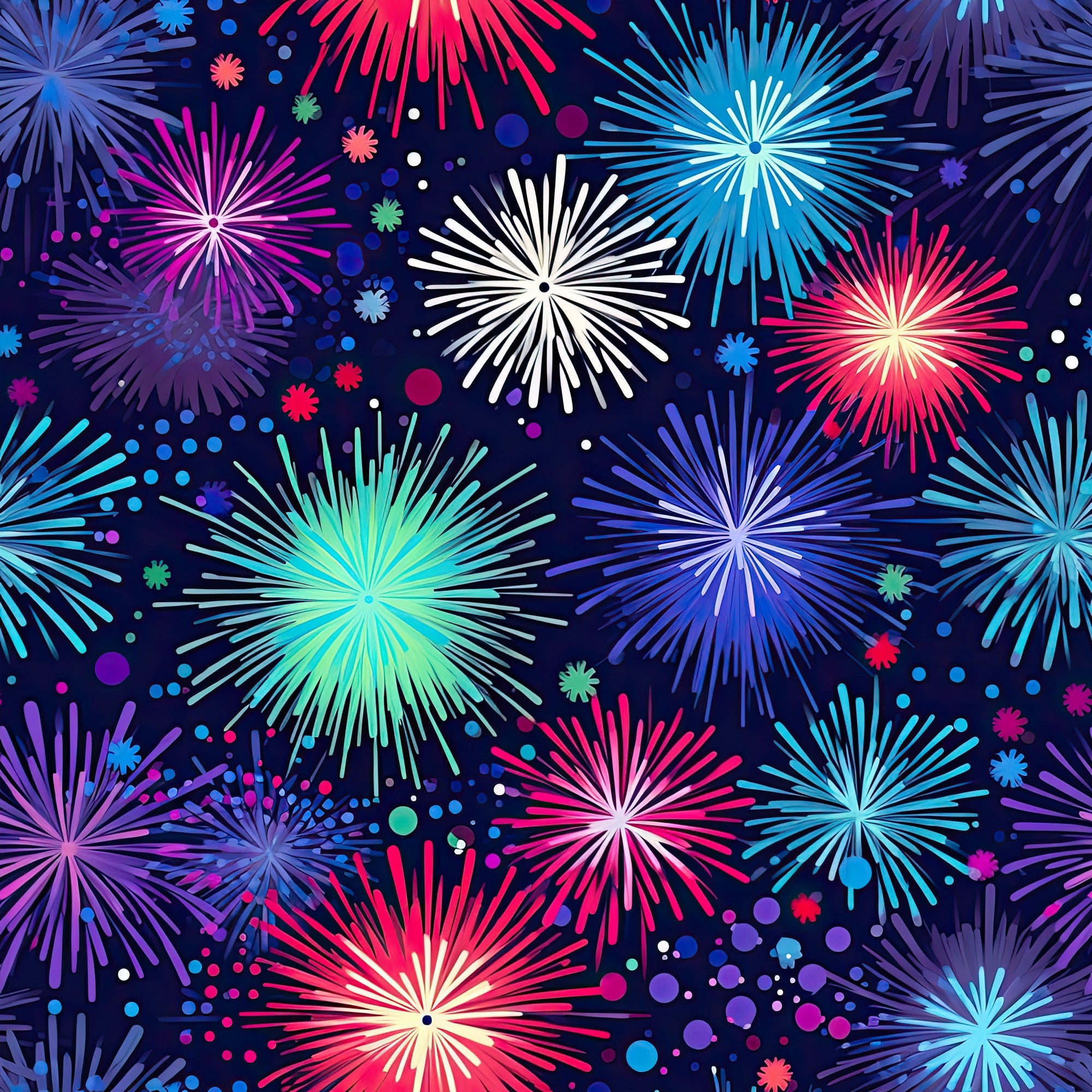 fireworks, navy blue background, pink fireworks, blue fireworks, purple fireworks, white fireworks, turquoise fireworks, magenta fireworks, starburst pattern, celebration theme, night sky, sparkles, dots,, fabric panel, festive design, radial bursts, colorful explosions, party theme, bright colors