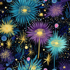 fireworks, starburst, navy blue, purple, turquoise, yellow, white dots, sparkles, celebration, night sky, radial pattern,, fabric panel, festive, explosive bursts, cosmic, scattered dots, geometric rays, party theme, illumination