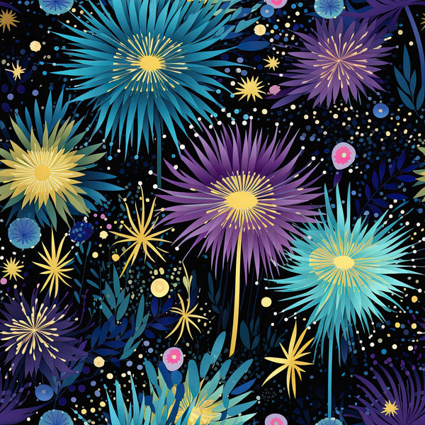 fireworks, starburst, navy blue, purple, turquoise, yellow, white dots, sparkles, celebration, night sky, radial pattern,, fabric panel, festive, explosive bursts, cosmic, scattered dots, geometric rays, party theme, illumination