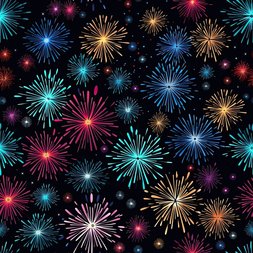 fireworks, explosions, bursts, starbursts, celebration, festive, black background, bright colors, cyan, turquoise, pink, magenta, orange, yellow, purple, blue, radiating lines, sparkles, night sky,, fabric panel, patriotic, fourth of july, new year, party theme, geometric bursts, colorful display