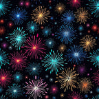 fireworks, explosions, bursts, starbursts, celebration, festive, black background, bright colors, cyan, turquoise, pink, magenta, orange, yellow, purple, blue, radiating lines, sparkles, night sky,, fabric panel, patriotic, fourth of july, new year, party theme, geometric bursts, colorful display