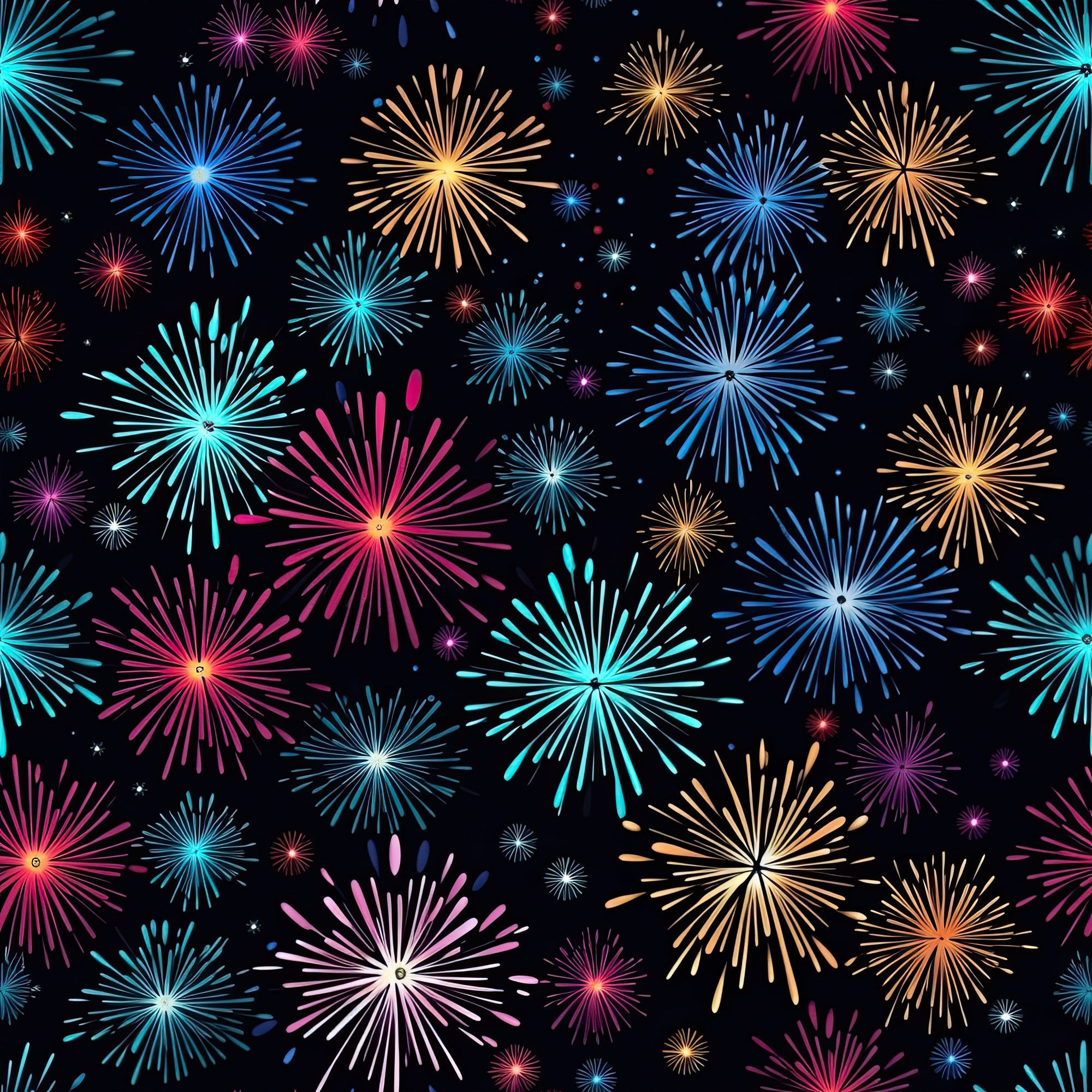 fireworks, explosions, bursts, starbursts, celebration, festive, black background, bright colors, cyan, turquoise, pink, magenta, orange, yellow, purple, blue, radiating lines, sparkles, night sky,, fabric panel, patriotic, fourth of july, new year, party theme, geometric bursts, colorful display