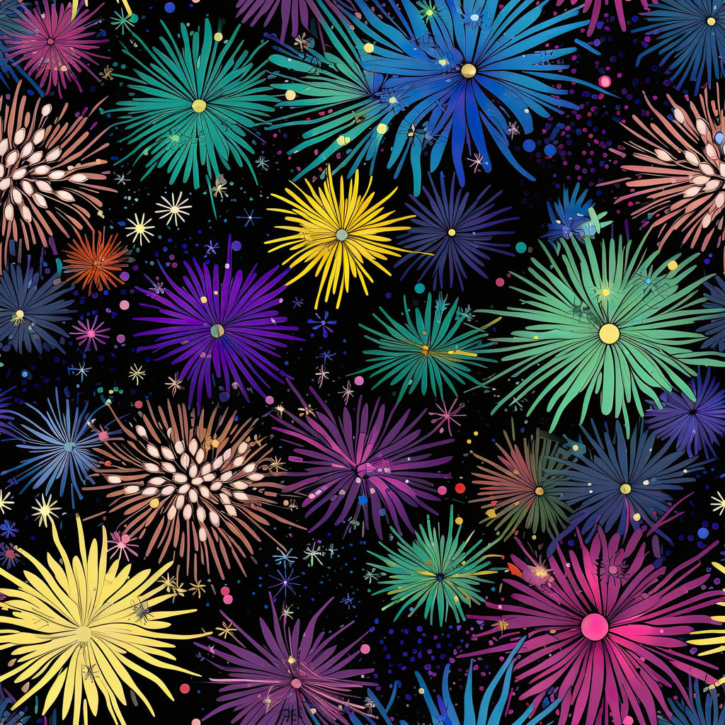 firework bursts, black background, purple fireworks, blue fireworks, yellow fireworks, green fireworks, pink fireworks, teal fireworks, sparkle effects, radial patterns, starburst design, celebration theme, night sky, colorful explosions,, fabric panel, festive pattern, geometric bursts, party theme, vibrant colors