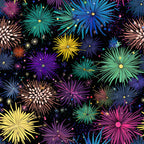 firework bursts, black background, purple fireworks, blue fireworks, yellow fireworks, green fireworks, pink fireworks, teal fireworks, sparkle effects, radial patterns, starburst design, celebration theme, night sky, colorful explosions,, fabric panel, festive pattern, geometric bursts, party theme, vibrant colors