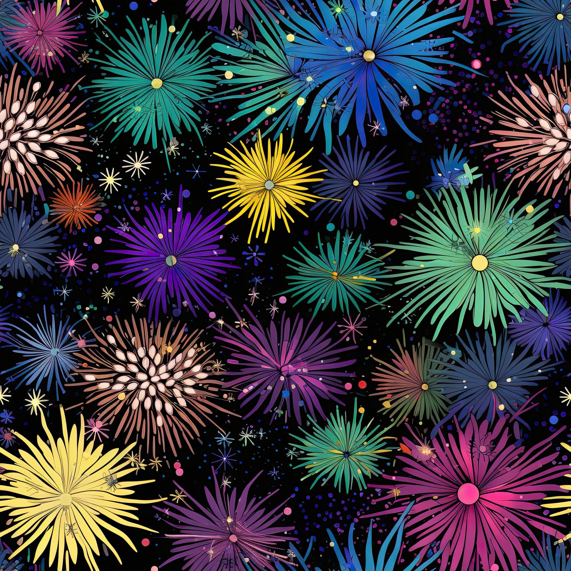 firework bursts, black background, purple fireworks, blue fireworks, yellow fireworks, green fireworks, pink fireworks, teal fireworks, sparkle effects, radial patterns, starburst design, celebration theme, night sky, colorful explosions,, fabric panel, festive pattern, geometric bursts, party theme, vibrant colors