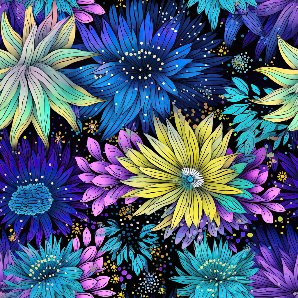 firework garden,, fabric panel, floral pattern, purple flowers, blue blooms, yellow petals, teal accents, pink florals, black background, botanical design, decorative dots, radiating petals, starburst flowers, vibrant colors, whimsical style, garden theme, cotton fabric, quilting material, floral motifs
