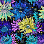 firework garden,, fabric panel, floral pattern, purple flowers, blue blooms, yellow petals, teal accents, pink florals, black background, botanical design, decorative dots, radiating petals, starburst flowers, vibrant colors, whimsical style, garden theme, cotton fabric, quilting material, floral motifs