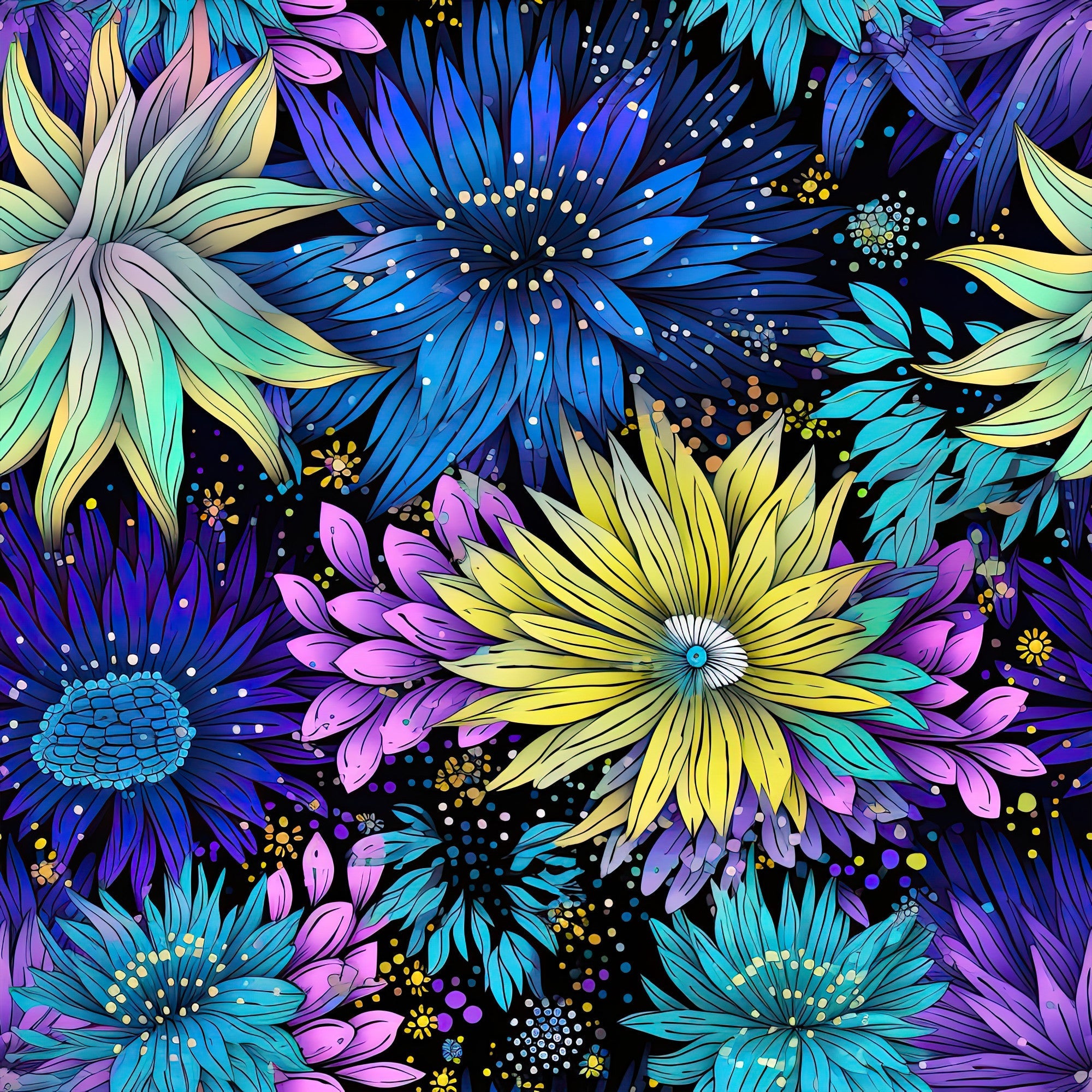 firework garden,, fabric panel, floral pattern, purple flowers, blue blooms, yellow petals, teal accents, pink florals, black background, botanical design, decorative dots, radiating petals, starburst flowers, vibrant colors, whimsical style, garden theme, cotton fabric, quilting material, floral motifs
