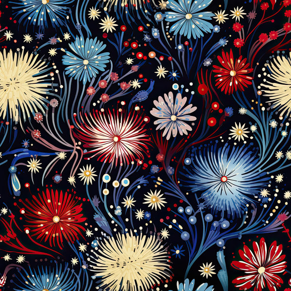 fireworks pattern, red white blue, patriotic colors, starburst design, explosive motifs, celebration theme, black background,, fabric panel, fourth of july, independence day, festive pattern, radiating lines, sparkle effects, holiday fabric, bursting stars, pyrotechnic design, americana theme, cotton fabric, quilting material