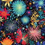fireworks, floral bursts, black background, turquoise, coral pink, golden yellow, navy blue, orange accents, radiating petals, starburst flowers, botanical elements, leaves, scattered dots, vibrant colors,, fabric panel, celebratory pattern, explosive blooms, summer garden, bright florals