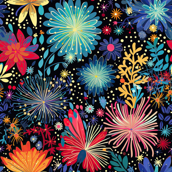 fireworks, floral bursts, black background, turquoise, coral pink, golden yellow, navy blue, orange accents, radiating petals, starburst flowers, botanical elements, leaves, scattered dots, vibrant colors,, fabric panel, celebratory pattern, explosive blooms, summer garden, bright florals