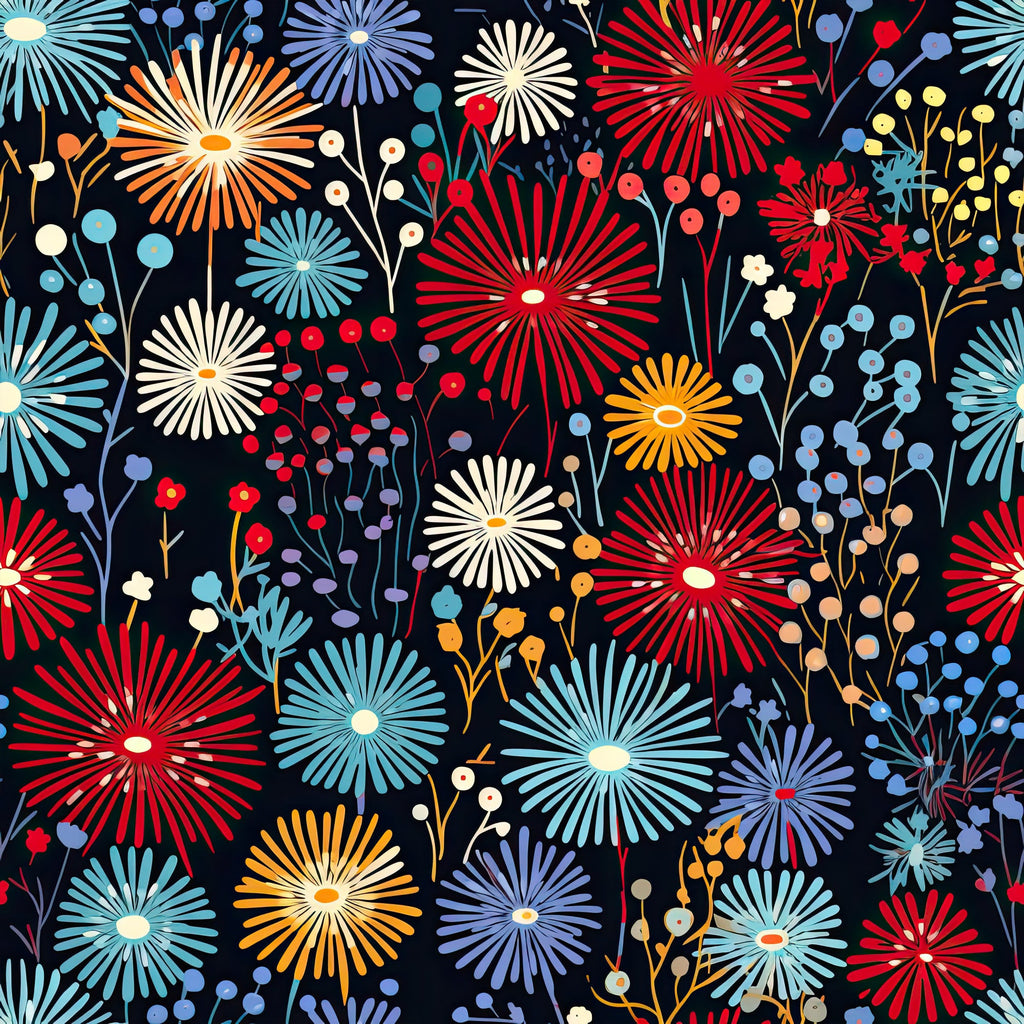 fireworks, garden pattern,, fabric panel, navy background, red flowers, blue blooms, orange bursts, white petals, yellow accents, radiating petals, starburst design, floral motifs, berry clusters, botanical elements, festive pattern, celebratory theme, patriotic colors, summer vibes, decorative fabric