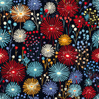 fireworks, garden pattern,, fabric panel, navy background, red flowers, blue blooms, orange bursts, white petals, yellow accents, radiating petals, starburst design, floral motifs, berry clusters, botanical elements, festive pattern, celebratory theme, patriotic colors, summer vibes, decorative fabric