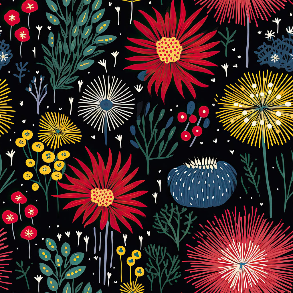 black background, red flowers, yellow bursts, blue accents, teal foliage, firework motifs, botanical elements, daisy-like blooms, radiating petals, starburst design,, fabric panel, whimsical style, modern floral, garden theme, vibrant colors, geometric florals, contemporary pattern, crafting material