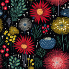 black background, red flowers, yellow bursts, blue accents, teal foliage, firework motifs, botanical elements, daisy-like blooms, radiating petals, starburst design,, fabric panel, whimsical style, modern floral, garden theme, vibrant colors, geometric florals, contemporary pattern, crafting material