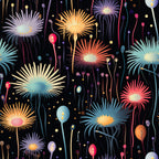 fireworks, bursts, radial patterns, black background, pink, orange, purple, blue, yellow, teal, coral, starburst design, celebration, night sky, festive,, fabric panel, geometric radiating lines, colorful explosions, holiday themed, bright colors, contemporary style, scattered dots