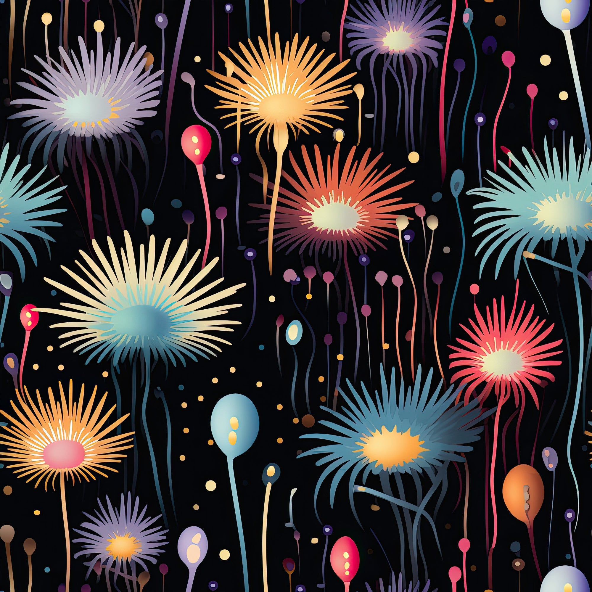 fireworks, bursts, radial patterns, black background, pink, orange, purple, blue, yellow, teal, coral, starburst design, celebration, night sky, festive,, fabric panel, geometric radiating lines, colorful explosions, holiday themed, bright colors, contemporary style, scattered dots